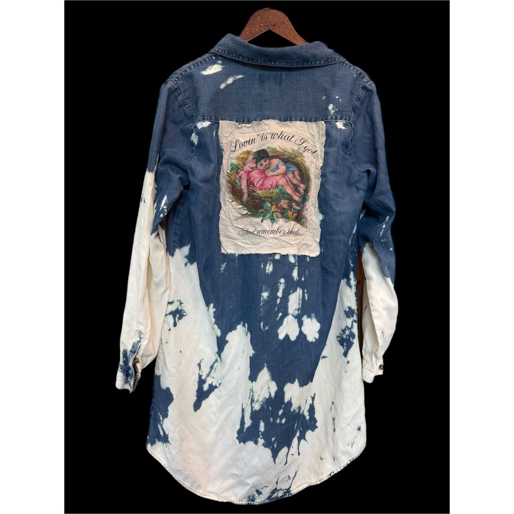 Bleach Dyed Denim Shirt Dress Vintage Image Patch Boho Upcycled Medium